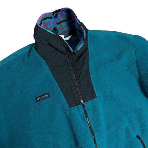 Columbia Sweater Mens L Blue VTG Fleece 90s Teal Anorak Zip USA Ski High Neck - Picture 2 of 10